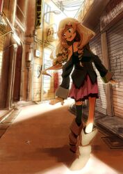  bare_shoulders blonde_hair blue_eyes boots braid coin commentary_request female highres ia_(vocaloid) long_hair nihonbashi_koukashita_r_keikaku_(vocaloid) off_shoulder open_mouth outdoors pikushibuaidhy road sepia single_thighhigh skirt smile solo street thighhighs twin_braids vocaloid walking 