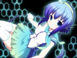  aoki_lapis blue_eyes blue_hair commentary_request female gloves hair_ornament highres honeycomb_(pattern) honeycomb_background long_hair short_hair solo tourmaline very_long_hair vocaloid yuzuki_kei 