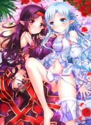  2girls :o antenna_hair armor asuna_(sao) asuna_(sao-alo) bad_id bad_pixiv_id blue_eyes blue_hair blush bow bow_panties breastplate cushion fingerless_gloves flower gloves hairband hand_on_another&#039;s_chest highres holding_hands leg_up long_hair long_legs lying multiple_girls navel on_back on_side open_clothes panties petals pillow plaid plaid_panties pointy_ears purple_armor purple_eyes purple_gloves purple_hair purple_legwear purple_panties red_flower red_hairband red_rose rose side-tie_panties skirt skirt_around_one_leg sword_art_online swordsouls thighhighs underwear very_long_hair yuuki_(sao) 