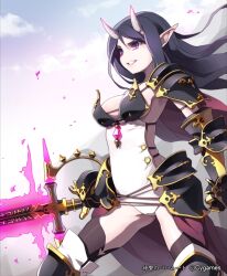  armor ashtaria bad_id bad_pixiv_id black_hair black_thighhighs breasts commentary_request female gauntlets greaves horns large_breasts len_(a-7) long_hair pointy_ears purple_eyes shingeki_no_bahamut solo sword thighhighs watermark weapon 