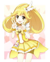  amagai_tarou bike_shorts blonde_hair blush choker cure_peace double_v dress earrings female hair_ornament heart highres jewelry long_hair magical_girl open_mouth orda ponytail precure smile smile_precure solo v wrist_cuffs yayoi_kise yellow_eyes 