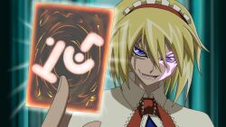  alice_margatroid anime_coloring bad_id bad_pixiv_id blonde_hair blue_eyes capelet crossover female omega_na_hito open_mouth parody pun scar solo spell_card style_parody touhou yu-gi-oh! yu-gi-oh!_zexal 