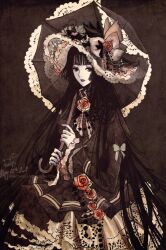  belialchan black_hair blunt_bangs brown_theme commentary_request dated expressionless female goth_fashion hat ichihara_yuuko lace lolita_fashion long_hair pale_skin parasol photoshop_(medium) red_eyes sepia signature solo umbrella watermark web_address wide_sleeves xxxholic 