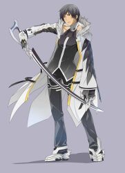  1boy bad_id bad_pixiv_id black_hair black_pants blade_master_(elsword) coat elsword fullluv gloves male_focus pants raven_cronwell simple_background solo sword weapon yellow_eyes 