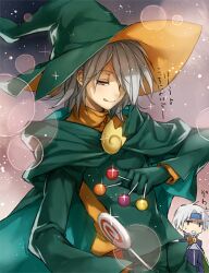  2boys :q between_fingers blue_headband candy cape commentary_request food grey_hair hat headband holding komecchi lemres_(puyopuyo) lollipop madou_monogatari multiple_boys puyopuyo puyopuyo_fever robe schezo_wegey sparkle tongue tongue_out witch_hat 