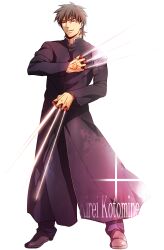  1boy bad_id bad_pixiv_id between_fingers black_keys_(type-moon) brown_hair cassock character_name command_spell dual_wielding fate/zero fate_(series) holding kotomine_kirei male_focus red_eyes solo white_background zihad 