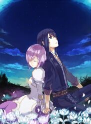  1boy blue_eyes blue_hair closed_eyes cloud commentary_request dress estellise_sidos_heurassein female flower gloves holding_hands long_hair looking_up petals shinono sitting sky star_(sky) starry_sky tales_of_(series) tales_of_vesperia yuri_lowell 