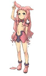  aged_down animal_ears arm_behind_back bare_legs blue_eyes boots commentary covering_breasts covering_privates female full_body ge-b hair_over_breasts heart highres long_hair looking_up melona_(queen&#039;s_blade) navel petite pink_hair prehensile_hair protean_assassin_melona puddle queen&#039;s_blade rabbit_ears revealing_clothes simple_background skirt solo standing very_long_hair 