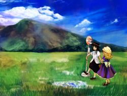  2girls black_hair blonde_hair cloud commentary_request day grass hat kinosaki long_hair maribel_hearn multiple_girls open_mouth outdoors shoes sky smile socks standing touhou usami_renko 