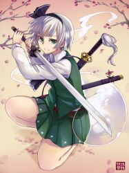  ascot ashita_(2010) bad_id bad_pixiv_id black_hairband cherry_blossoms female fighting_stance flower green_eyes grey_hair hair_ribbon hairband highres hitodama katana konpaku_youmu konpaku_youmu_(ghost) long_sleeves on_one_knee petals ribbon short_hair skirt solo sword tassel touhou tree tsurime vest weapon 