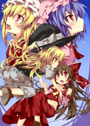  4girls :&lt; ascot bare_shoulders blonde_hair bloomers blouse blue_background blue_hair bow brooch brown_hair commentary_request detached_sleeves flandre_scarlet hair_tubes hairbow hakurei_reimu hat hat_bow holding_hands interlocked_fingers jewelry kirisame_marisa legs_up light_particles long_hair looking_at_another looking_away looking_up midriff multiple_girls navel no_socks open_mouth profile rando_seru red_eyes remilia_scarlet shirt shoes short_hair short_sleeves skirt smile teeth tongue touhou underwear vest witch_hat yellow_eyes 