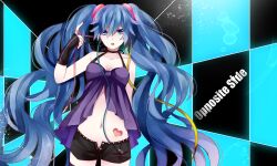  aqua_eyes aqua_hair bad_id bad_pixiv_id black_shorts cable female hatsune_miku ichinose_(sorario) long_hair navel photoshop_(medium) short_shorts shorts solo twintails very_long_hair vocaloid 