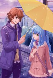  1boy absurdres blue_hair brown_eyes brown_hair coat commentary_request eiyuu_densetsu female highres lloyd_bannings long_hair necktie snow tio_plato umbrella winter yellow_eyes yellow_umbrella yoyo1412 zero_no_kiseki 