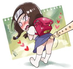  1boy backpack bad_id bad_pixiv_id bag black_hair blush braid chibi clothes_lift crossdressing flute forehead_protector from_behind heart hyuuga_neji instrument konohagakure_symbol long_hair male_focus naruto naruto_(series) naruto_sd_rock_lee_no_seishun no_pupils otoko_no_ko purple_eyes randoseru recorder school_uniform skirt skirt_lift socks solo twin_braids yukataro 