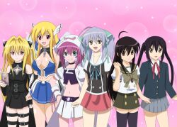  6+girls 6girls aqua_eyes astraea black_hair blonde_hair blush breasts brown_eyes cleavage crossover female hand_on_hip k-on! konjiki_no_yami large_breasts long_hair lowres merry_nightmare midriff multiple_girls nakano_azusa open_mouth pink_hair purple_hair red_eyes school_uniform shakugan_no_shana shana skirt smile sora_no_otoshimono to_love-ru twintails yumekui_merry 