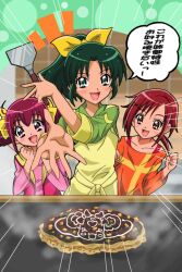  3girls :d bad_id bad_pixiv_id blush candy_(smile_precure!) eyelashes food fukushima_masaru green_eyes green_hair green_shirt griddle group_picture highres hino_akane_(smile_precure!) hoshizora_miyuki jacket midorikawa_nao multiple_girls okonomiyaki open_mouth orange_shirt pink_eyes pink_hair pink_vest precure red_eyes red_hair shirt short_hair smile smile_precure spatula translation_request vest 