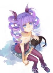  blue_eyes choker commentary_request dress drill_hair feline female from_above headpat looking_up official_alternate_costume purple_hair shinono solo sophie_(gothic_lolita)_(tales) sophie_(tales) tales_of_(series) tales_of_graces thighhighs twin_drills twintails 