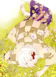  absurdres ao_no_exorcist artist_request barefoot dirty dirty_feet feet female flower grass haori highres japanese_clothes kimono lying moriyama_shiemi nature official_art ribbon scan short_hair smile soles solo white_hair 