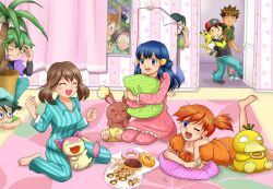  3girls 6+boys 8boys black_hair blue_eyes blue_hair brown_hair buneary dawn_(pokemon) donut doughnut female food girl green_hair haruka_(pokemon) hat kasumi_(pokemon) kengo_(pokemon) kouhei_(pokemon) lolicon masato_(pokemon) multiple_boys multiple_girls orange_hair pikachu pinkish pokemon pokemon_(anime) psyduck purple_hair satoshi_(pokemon) shinji_(pokemon) shuu_(pokemon) skitty takeshi_(pokemon) 