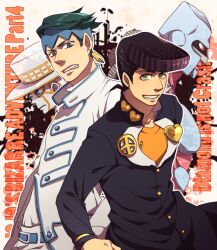  2boys commentary_request crazy_diamond diamond_wa_kudakenai earrings gakuran hanaichi_(hana13) headband heaven&#039;s_door higashikata_josuke jewelry jojo_no_kimyou_na_bouken kishibe_rohan male_focus multiple_boys school_uniform stand_(jojo) 