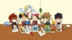  2girls 4boys ^^^ bad_id bad_pixiv_id baseball_cap black_hair blue_hair blue_oak brown_hair chikorita cyndaquil drawing drinking eevee ethan_(pokemon) food hat kris_(pokemon) lyra_(pokemon) marill mew_(pokemon) multiple_boys multiple_girls pikachu pokemon pokemon_(creature) pokemon_gsc pokemon_hgss pokemon_rgby pudding red_(pokemon) silver_(pokemon) tomoyami totodile twintails 