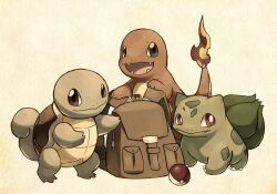  backpack bag bulbasaur charmander fire flower good_frog nintendo no_humans plant poke_ball pokeball pokemon randoseru simple_background squirtle turtle zipper 