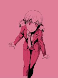  :o commentary_request doujima_nanako female formal gintama highres looking_at_viewer monochrome necktie open_mouth pant_suit pants parody persona persona_4 pink_eyes pink_theme short_twintails solo standing suit twintails uzu_hi 