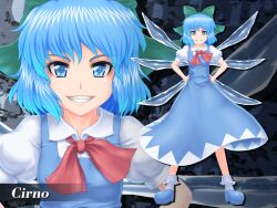  blue_eyes blue_hair bow character_name cirno commentary_request dress female grin hairbow nazal photoshop_(medium) short_hair smile solo touhou wings zoom_layer 