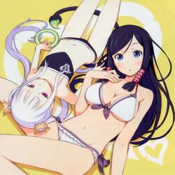  2girls :&lt; bare_shoulders bikini black_hair blue_eyes blush breasts cleavage demon_tail eyebrows flat_chest frilled_bikini frills front-tie_top groin hair_ornament hair_tubes halo highres kuroboshi_kouhaku light_smile long_hair looking_at_viewer lowleg lowleg_bikini lying medium_breasts mikanagi_rin multiple_girls navel official_art on_back palette_(character) photoshop_(medium) purple_eyes scan side-tie_bikini_bottom small_breasts source_request swimsuit tail twintails underboob upside-down white_bikini white_hair yumeiro_happy_end 