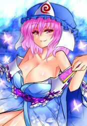  bare_shoulders blue_kimono breasts bug butterfly cleavage commentary_request female hat huge_breasts japanese_clothes kimono off_shoulder pink_eyes pink_hair roki_(hirokix) saigyouji_yuyuko short_hair smile solo touhou triangular_headpiece 