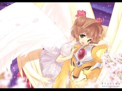  brown_hair cardcaptor_sakura choker commentary_request female flower forehead_protector green_eyes hair_ribbon kerberos kinomoto_sakura kinomoto_sakura_(platinum_star_dress) letterboxed magical_girl petals ribbon short_hair skirt tsukigami_runa white_skirt wings 