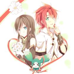  &gt;_&lt; 1boy bad_id bad_pixiv_id blue_eyes bouquet brown_arm_warmers brown_hair closed_eyes coat creature female flower gloves green_eyes kinoshita_neko long_hair luke_fon_fabre mieu_(tales) photoshop_(medium) red_hair tales_of_(series) tales_of_the_abyss tear_grants white_background 