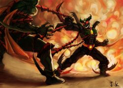  2boys another_agito battle commentary_request duel explosion glowing glowing_eyes highres kamen_rider kamen_rider_agito_(series) kamen_rider_gills multiple_boys photoshop_(medium) ryou-k scarf tentacle 