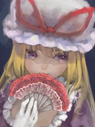  bad_id bad_pixiv_id blonde_hair female folding_fan hand_fan hat hat_ribbon long_hair lowres masuchi portrait purple_eyes ribbon smile solo touhou yakumo_yukari 