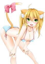  animal_ears bent_over bikini blonde_hair blush breasts cat_ears cleavage commentary_request covered_nipples female green_eyes hands_on_own_knees hazuki_natsu large_breasts original side-tie_bikini_bottom solo swimsuit tail 