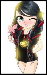  bad_deviantart_id bad_id bayonetta_(series) bayonetta_1 black_hair blossomppg blue_eyes border braid candy cereza female food hair_ribbon hand_on_own_hip holding lips lolicon lollipop long_hair medallion one-piece_swimsuit one_eye_closed parted_lips ribbon ribbon_braid solo swimsuit twin_braids 