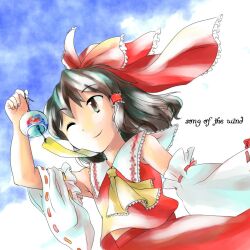  ascot bow brown_hair commentary_request detached_sleeves female hair_tubes hairbow hakurei_reimu kinosaki one_eye_closed smile solo touhou wind_chime 