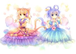  2girls animal_ears blue_dress blue_eyes blue_hair bracelet brown_eyes brown_hair bubble_skirt cat_ears cat_tail coa_(chroo_x) commentary_request dress earmuffs flower hair_rings jewelry kaku_seiga kemonomimi_mode multiple_girls photoshop_(medium) short_hair skirt sword tail touhou toyosatomimi_no_miko weapon 