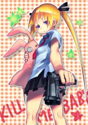  :3 aneunyeoja bad_id bad_pixiv_id blonde_hair copyright_name eyepatch female gun hair_ribbon kill_me_baby necktie outline photoshop_(medium) plaid plaid_background purple_eyes pyonsuke red_necktie ribbon skirt sonya_(kill_me_baby) star_(symbol) stuffed_animal stuffed_rabbit stuffed_toy twintails weapon 