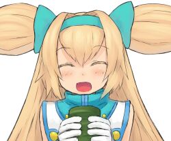  :d ^_^ blazblue blonde_hair chiwino closed_eyes commentary_request cup female hairband holding long_hair open_mouth platinum_the_trinity simple_background smile solo two_side_up white_background 