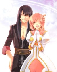  1boy :d ^_^ black_hair celestial_s closed_eyes commentary_request estellise_sidos_heurassein female gloves grin hand_on_another&#039;s_head hand_on_own_hip highres long_hair open_mouth own_hands_together pink_hair smile tales_of_(series) tales_of_vesperia yuri_lowell 