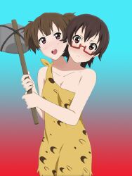  2girls angry black_hair brown_eyes brown_hair brown_hair cavegirl cavegirls caveman conjoined glasses hammer multi_head siamese_twins twins two_heads weapon 