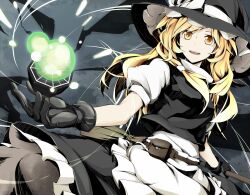  belt black_gloves blonde_hair broom commentary_request female gloves hat kirisame_marisa long_hair mini-hakkero open_mouth pouch smile solo toromera touhou witch_hat yellow_eyes 