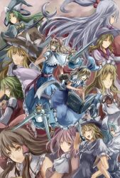  6+girls ^_^ alice_margatroid alice_margatroid_(pc-98) ascot blonde_hair blue_eyes blue_hair book bow broom brown_eyes brown_hair cape closed_eyes commentary_request dual_persona dual_wielding green_eyes green_hair grey_hair grimoire grimoire_of_alice grin hair_bobbles hair_ornament hair_ribbon hair_tubes hairband hairbow hakurei_reimu hand_on_own_hip hat highres holding kazami_yuuka kirisame_marisa lance long_hair louise_(touhou) mai_(touhou) maid maid_headdress mima_(touhou) multiple_girls mystic_square photoshop_(medium) pink_eyes pink_hair polearm red_eyes ribbon sara_(touhou) shanghai_doll shinki_(touhou) short_hair side_ponytail smile staff touhou touhou_(pc-98) umbrella uutan_(shibainu_kakumei) weapon wings yellow_eyes yuki_(touhou) yumeko_(touhou) 