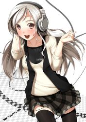  :d bad_id bad_pixiv_id black_thighhighs blush brown_eyes cable checkered_floor collarbone commentary_request female fingernails headphones kinugasa_yuuichi long_hair looking_at_viewer nail_polish open_mouth original pink_nails round_teeth shure silver_hair skirt smile solo teeth thighhighs vest zettai_ryouiki 