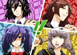  4boys all-out_attack black_eyes black_hair braid brown_eyes brown_hair commentary_request crossdressing cut-in delinquent earrings gekkoukan_high_school_uniform grey_eyes grey_hair hair_over_one_eye jewelry multiple_boys narukami_yuu persona persona_1 persona_2 persona_2_tsumi persona_3 persona_4 purple_hair red_eyes school_uniform seven_sisters_high_school_uniform shinai st._hermelin_school_uniform sukeban suou_tatsuya sword toudou_naoya tsukito_(leaf_moon82) twin_braids twintails weapon yasogami_school_uniform yuuki_makoto_(persona_3) 