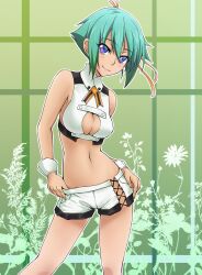  anti_(untea9) aquarion_(series) aquarion_evol bare_shoulders blue_eyes blush breasts cleavage cleavage_cutout clothing_cutout commentary_request cross-laced_clothes cross-laced_shorts cross-laced_slit female green_hair hair_ribbon highres large_breasts looking_at_viewer midriff navel revealing_clothes ribbon short_hair short_shorts shorts smile solo wrist_cuffs zessica_wong 