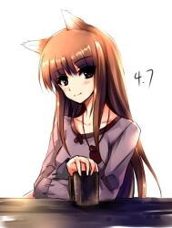  animal_ears blush brown_hair commentary cup female holo long_hair looking_at_viewer red_eyes spice_and_wolf windforcelan wolf_ears 