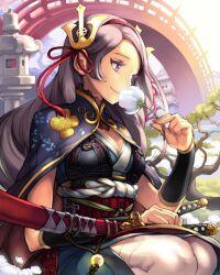  armor bridge bushin_renkei_zero cape comet_(teamon) commentary_request female flower hair_ornament holding holding_flower photoshop_(medium) purple_eyes purple_hair sitting smelling smelling_flower smile solo stone_lantern sword thighhighs weapon white_thighhighs 