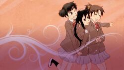  3girls bad_id bad_pixiv_id black_hair bonjin brown_eyes brown_hair hirasawa_ui k-on! multiple_girls nakano_azusa ponytail ribbon sakuragaoka_high_school_uniform school_uniform short_hair short_twintails skirt suzuki_jun twintails 